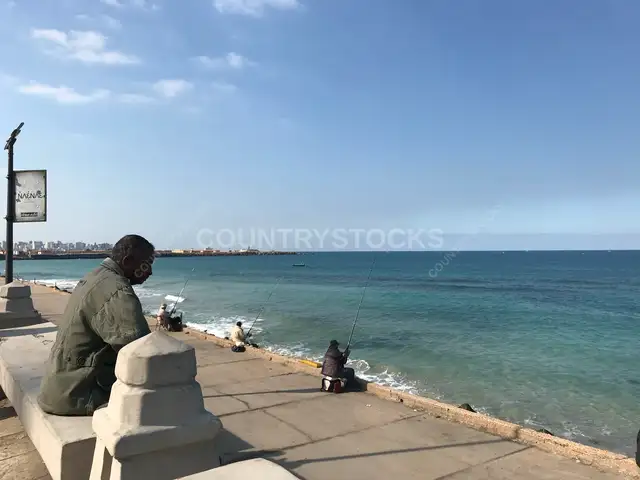 People Fishing on Alexandria Corniche, Mediterranean Sea