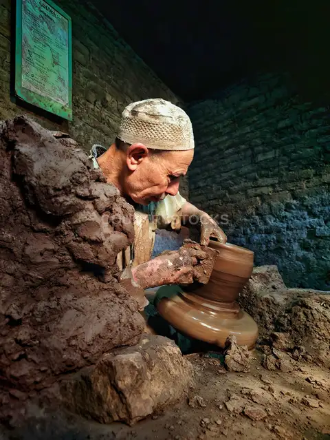 Potter Shaping Clay on Wheel, Gharees Village, Al-Monofeya
