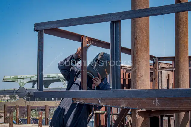 Welder Working on Steel Ship Frame, Rashid Shipyard