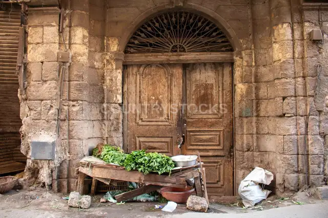 Vegetable Stall Outside Historic Stone Doorway, Islamic Cairo