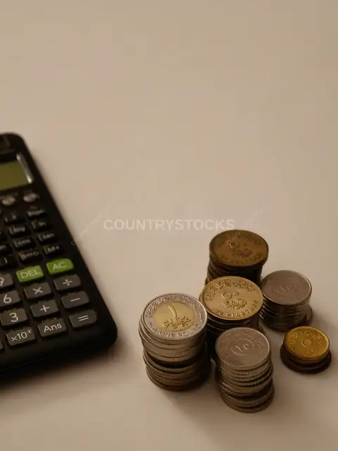 Egyptian Coins Stacked Beside Scientific Calculator
