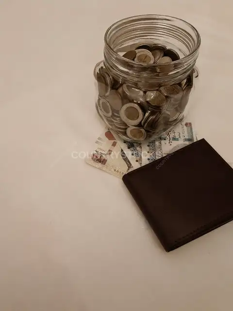 Egyptian Coins Jar, Banknotes and Leather Wallet