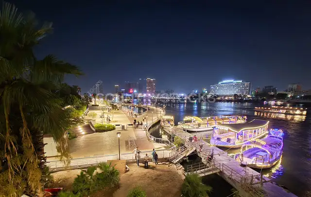 Nile Corniche Cairo Night View with Boats