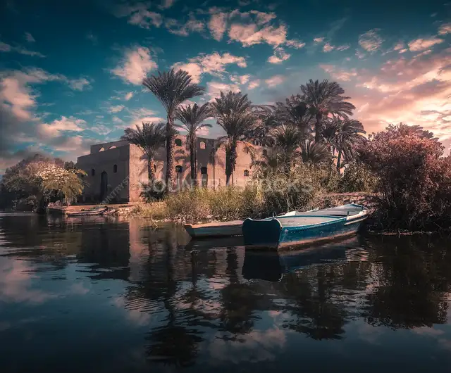 Nile Riverbank with Boats, Palm Trees, Giza