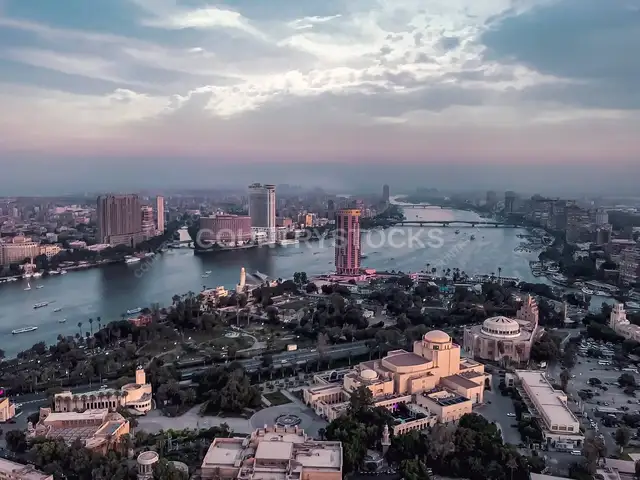 Aerial View Cairo Skyline Nile River at Sunset