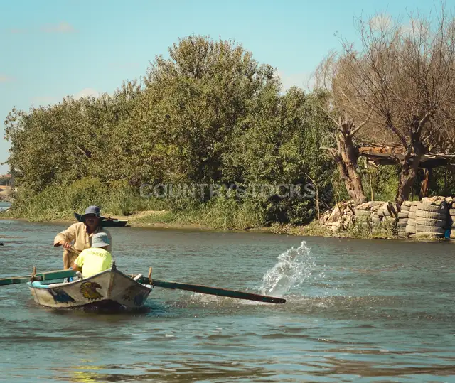 Fisherman Rowing Boat on Nile Canal, Al-Qalyubia