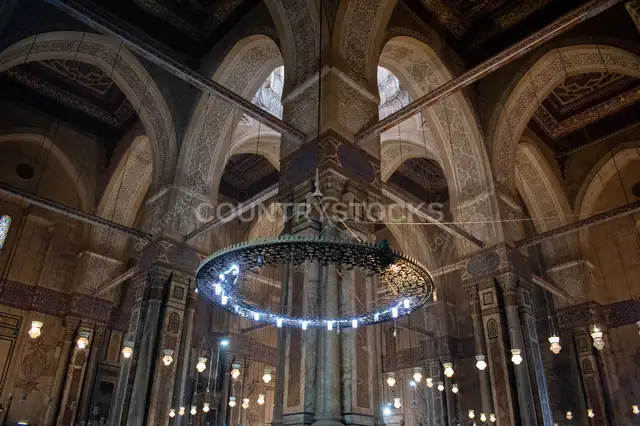Sultan Hassan Mosque Interior Arches and Chandelier, Cairo