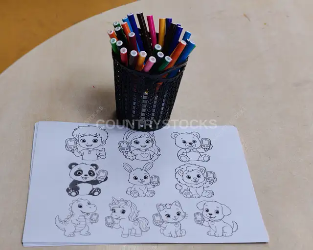 أقلام تلوين وأوراق رسومات كرتونية للأطفال