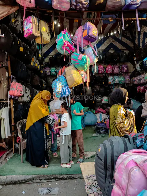 أم وأطفالها يختارون شنطة مدرسية في سوق بالسرفا