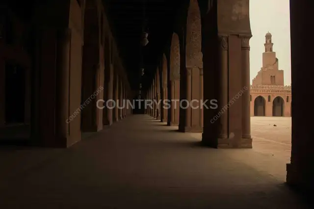 An impressive view of the interior of Ahmed Ibn Tulun Mosque in Cairo, Egypt