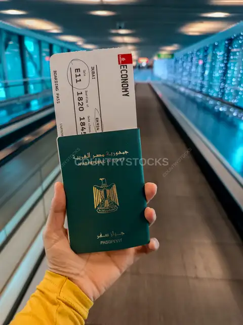 جواز سفر مصري مع بطاقة صعود طيران الإمارات، مطار القاهرة