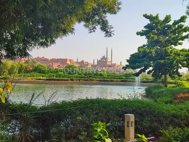 بحيرة حديقة الأزهر الصناعية وإطلالة قلعة صلاح الدين