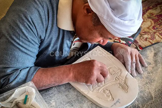 Egyptian Artisan Hand-Carving Alabaster Relief, Luxor