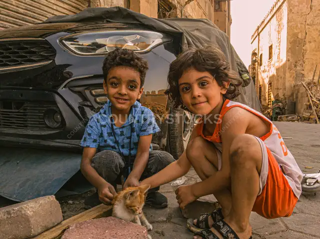 طفلان مصريان يلعبان مع قطة صغيرة في الجمالية
