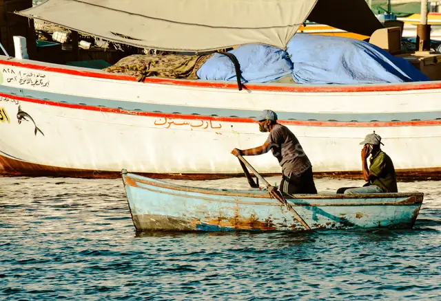 صيادون يجدفون في قارب صغير، ميناء الإسكندرية