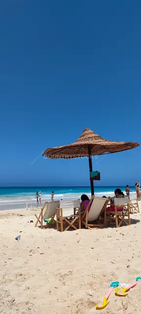كراسي شاطئ تحت مظلة قش، ساحل الإسكندرية