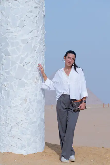 Woman Posing at Forever Is Now Exhibition, Giza Pyramids