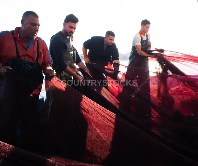 صيادون مصريون يسحبون شبكة صيد حمراء في البحر