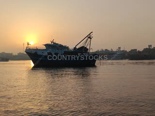 مركب صيد راسية عند غروب الشمس في النيل بمدينة رأس البر