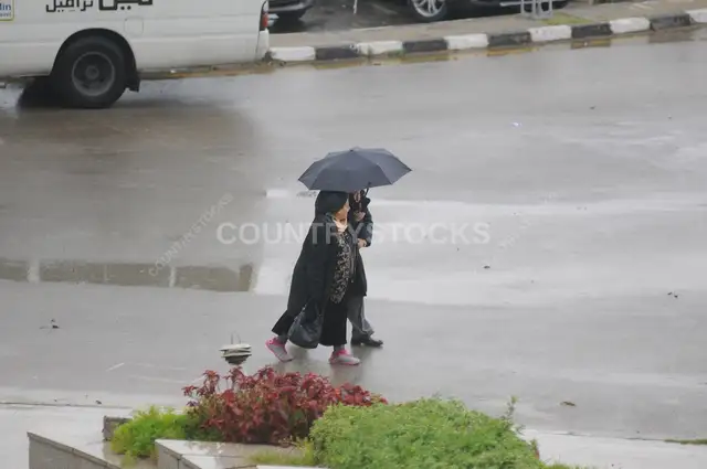 ست وراجل بيمشوا بشمسية في شارع القاهرة الممطر