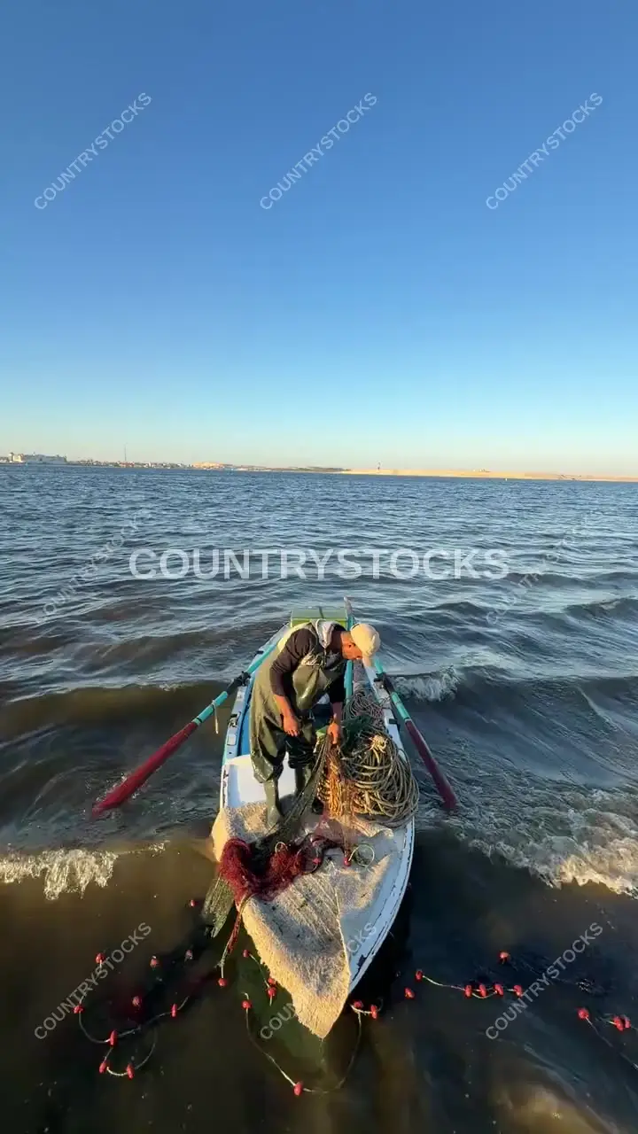 صياد بقاربه وشبكته على شاطئ النورس إسماعيلية
